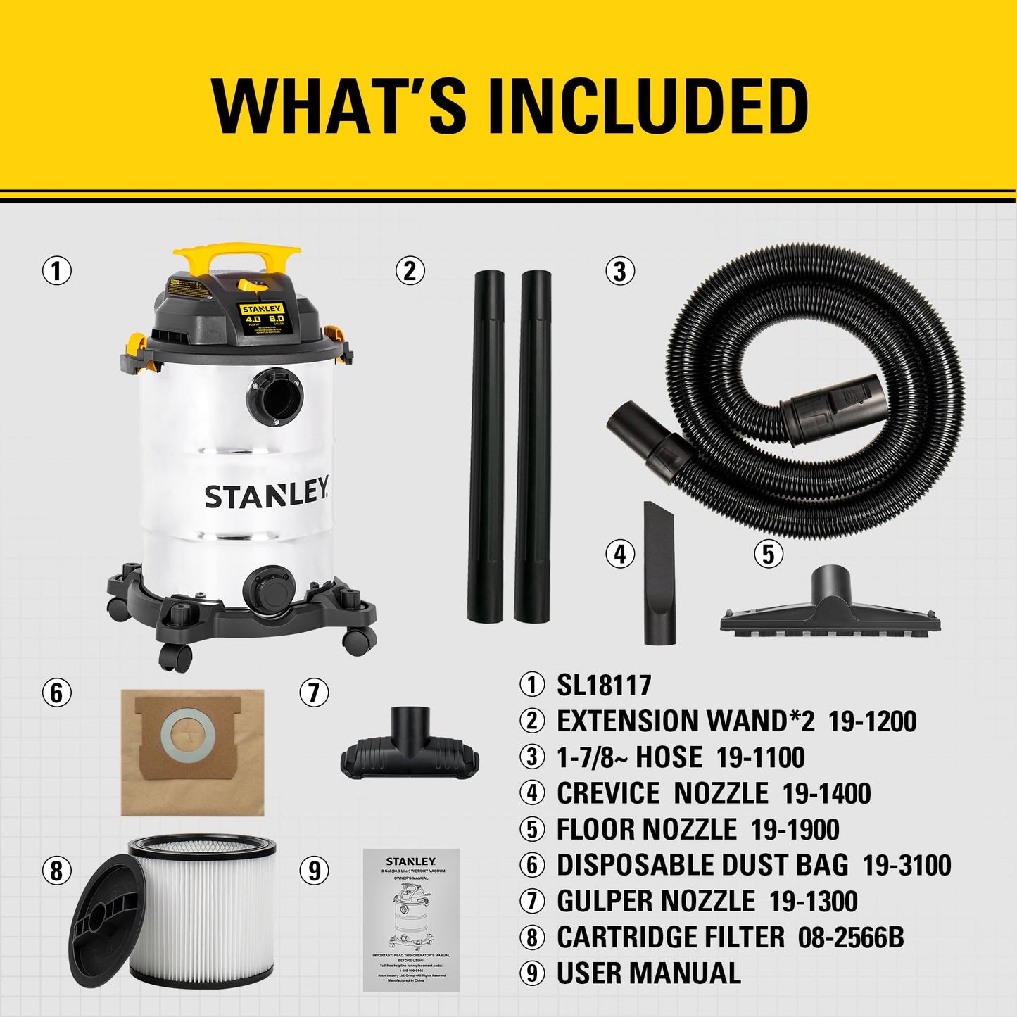 STANLEY 8 Gallon Wet Dry Vacuum, 4 Peak HP Portable Shop Vacuum with Drain Port & Blower, Industrial Wet Dry Vacuum Cleaner, Stainless Steel Tank for Garage, Workshop, Car Detailing, Jobsite, SL18117