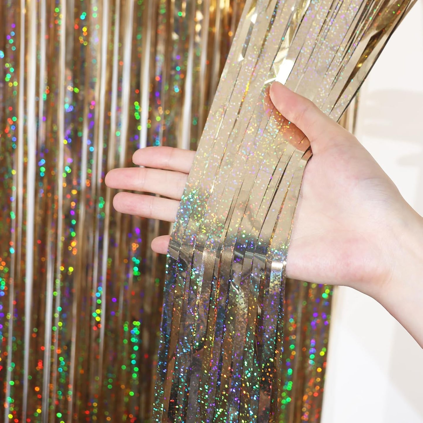 Voircoloria Foil Fringe Backdrop Curtains - 3.3 x 6.6 Ft Tinsel Streamers for Parties | Champagne Color