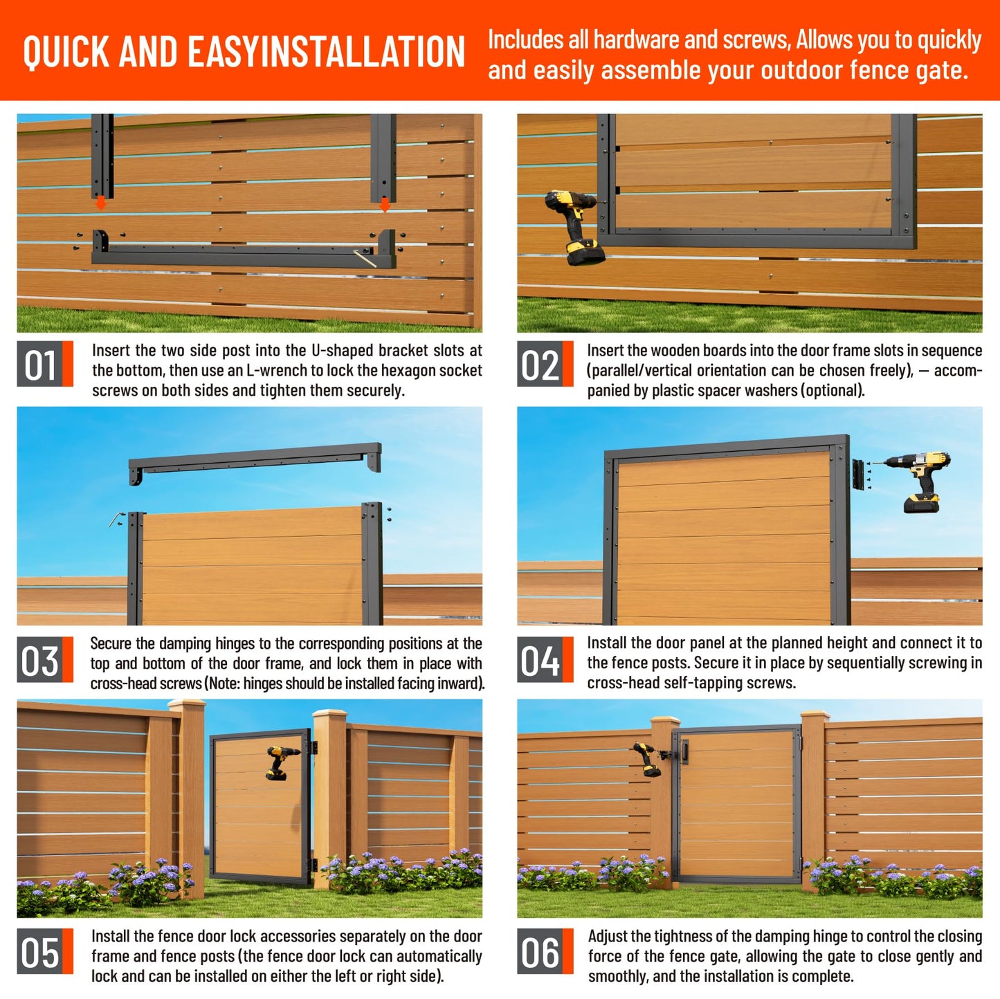 Uphode 3x4 FT(34.8" x 47.2") 201 Stainless Steel Fence Gate Kit Heavy Duty, Anti Sag Metal Fence Gate Frame Kit with Board, Morden Garden Gate Hardware Kit Outdoor (Left/Right Free-Installation)