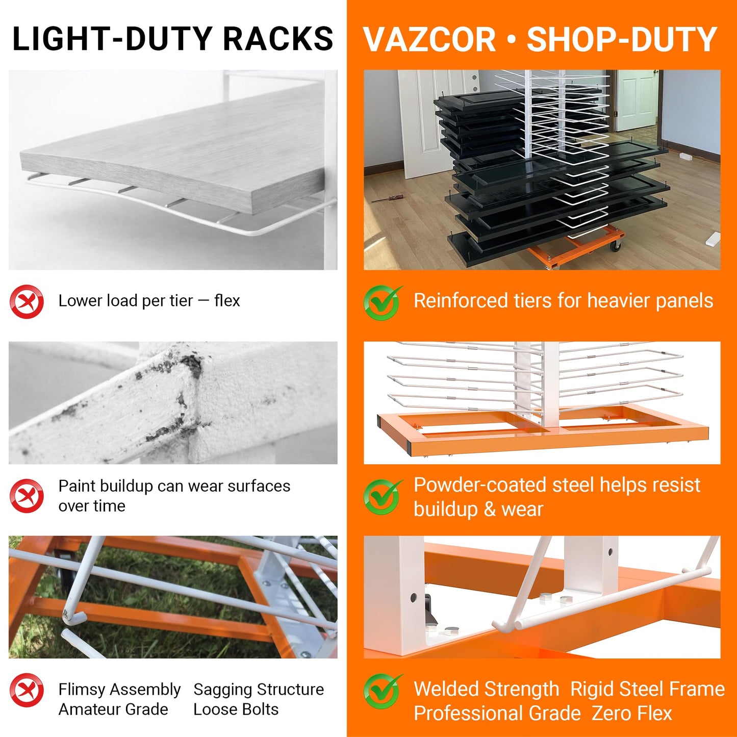 Vazcor Paint Drying Rack, 50-Shelf Heavy Duty Steel Cabinet Door Painting Rack with Locking Casters, Stable No-Sag Drying Storage Rack for Cabinet Doors