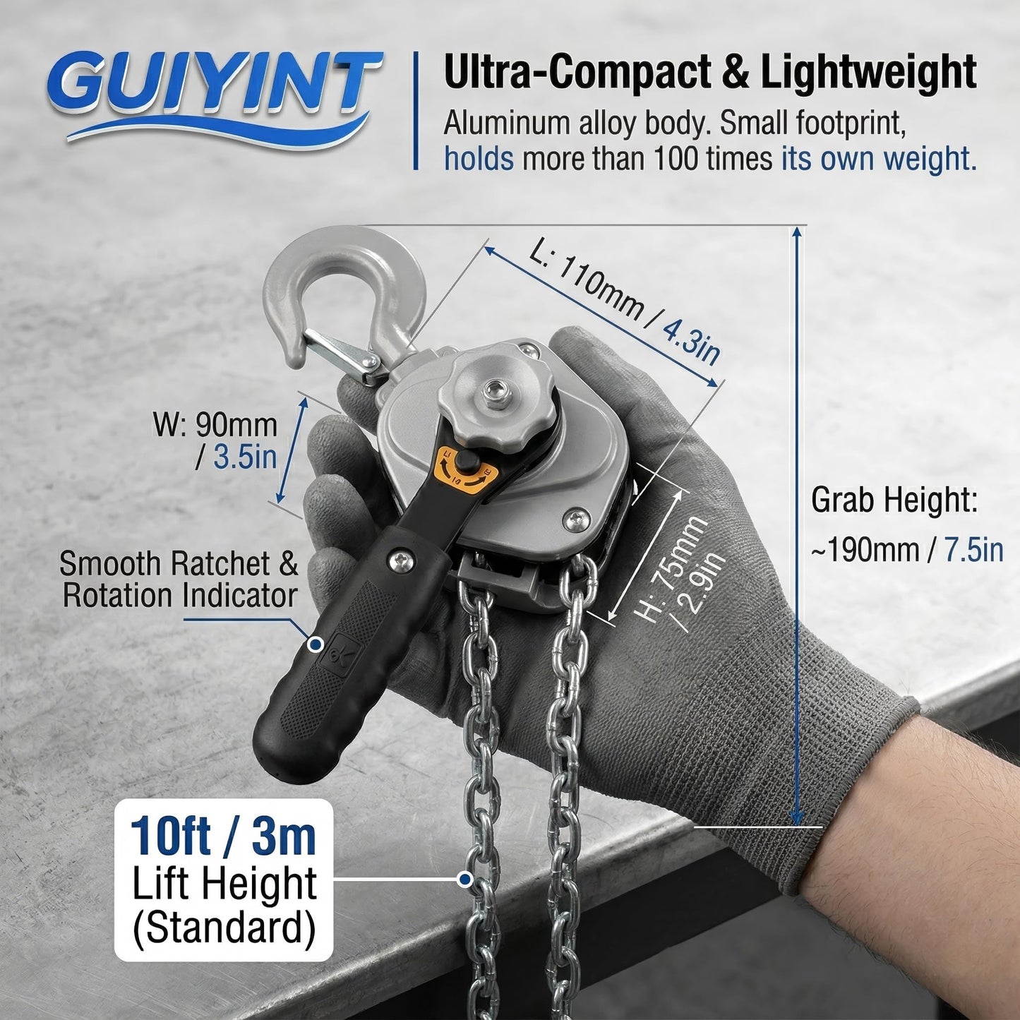 Guiyint Mini‑Puller Lever Hoist, 1/2 Ton (1100 lbs) Capacity with 10 ft Lift, Compact & Lightweight Chain Hoist, Industrial Grade for Construction, Garage & Rigging