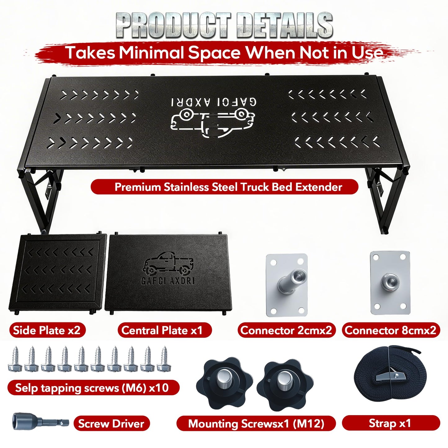 Universal Pickup Truck Bed Extender Rack, 46 to 65" Foldable Adjustable Width for Ford Toyota Nissan Chevy GMC Hyundai Dodge, Heavy-Duty Stainless Steel, Expands Cargo Space, Drill Needed, Black