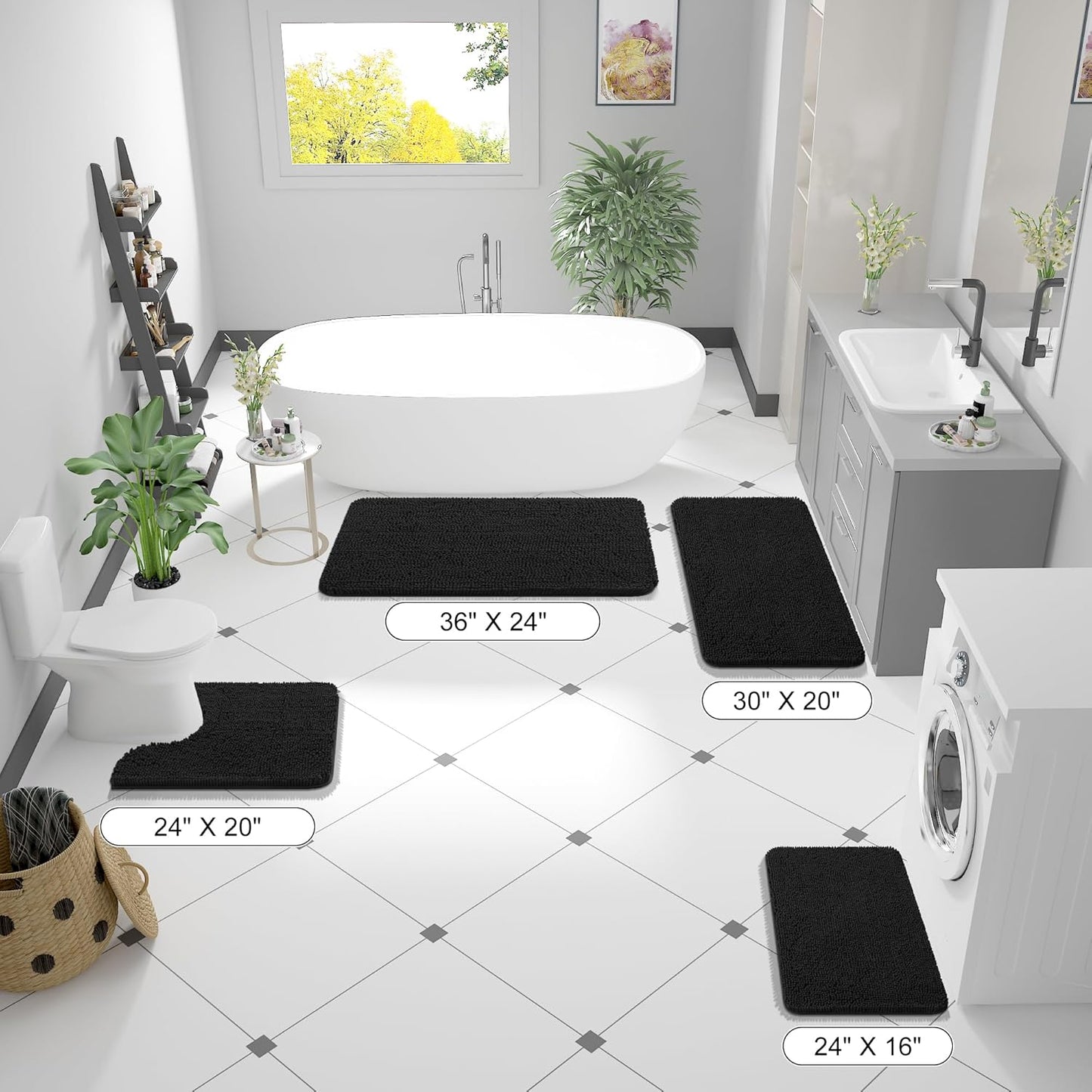 OLANLY Large Bathroom Rugs - Extra Soft Chenille Bath Mats | Quick-Dry, Rubber Backing, 44x32, Black