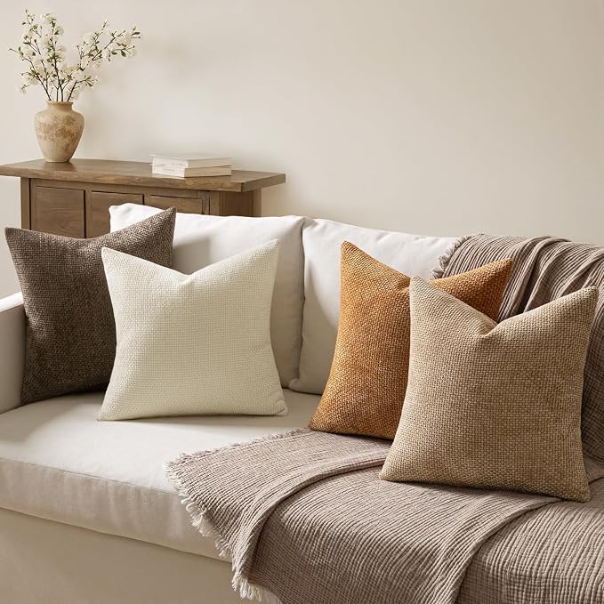 MIULEE Pack of 4 Brown Couch Throw Pillow Covers 22x22 Inch Soft Decorative Chenille Pillows Farmhouse Accent Cushions for Boho Home Decor Spring Sofa Bedroom Living Room