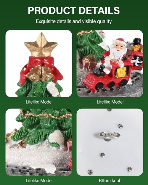 iStatue Rotating Musical Christmas Tree Figurine - 6” Tall Resin Holiday Decoration with Santa Train, Plays “Merry Christmas”