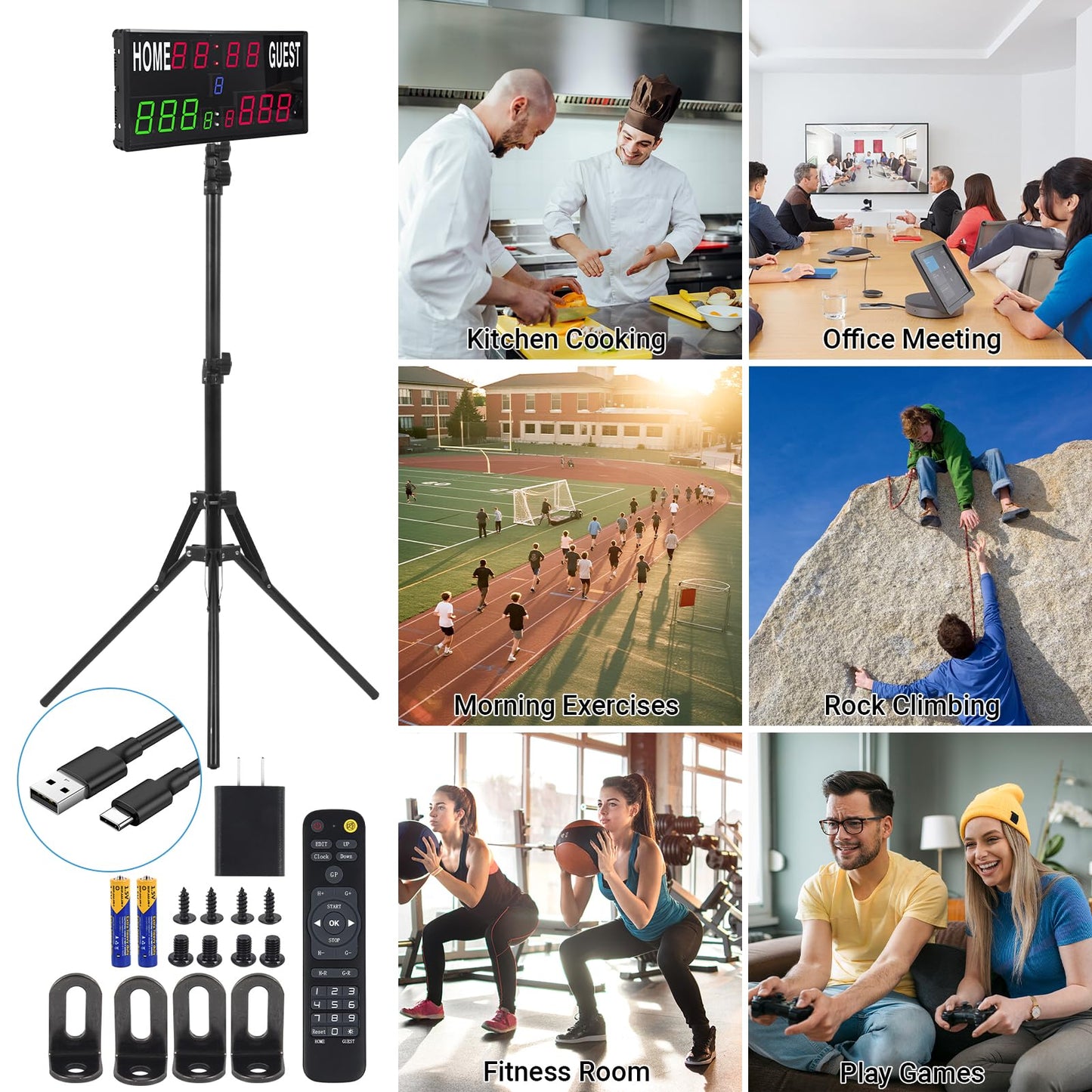 Samshow 2025 LED Electronic Scoreboard Digital Score Keeper with Remote & Tripod, Basketball Scoreboard with Shot Clock & Timer & 12/24h Real Time for Outdoor Yard Games/Corn Hole/ping Pong/Pickleball