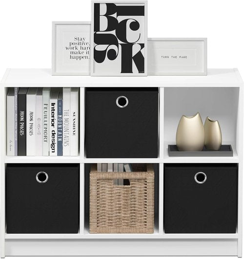 Furinno 3x2 Cube Storage Bookcase - Stylish Organizer with Bins in White and Black