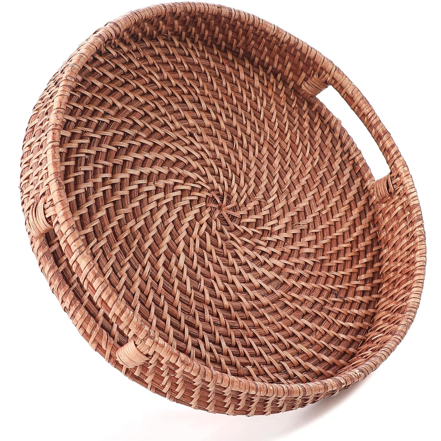 HITOMEN 14.2" Hand-Woven Round Rattan Serving Tray Decorative Ottoman Wicker Platter with Handles for Coffee Table, Breakfast, Drinks, Snack, Bread, Fruit, Vegetables (Honey Brown-L)