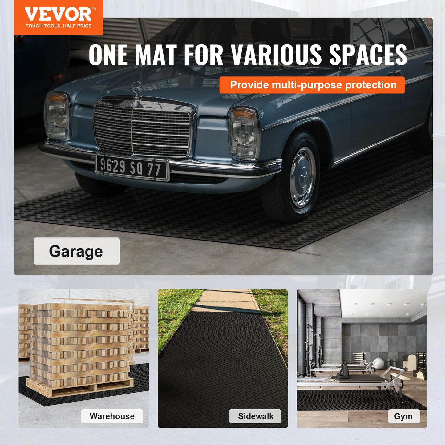 VEVOR Diamond-Plate Rubber Flooring Roll, 3 mm x 4 ft x 8 ft Floor Mat, SBR Rubber Roll, Easy to Clean, for Under Cars, Garage, Industry, Gym, Black