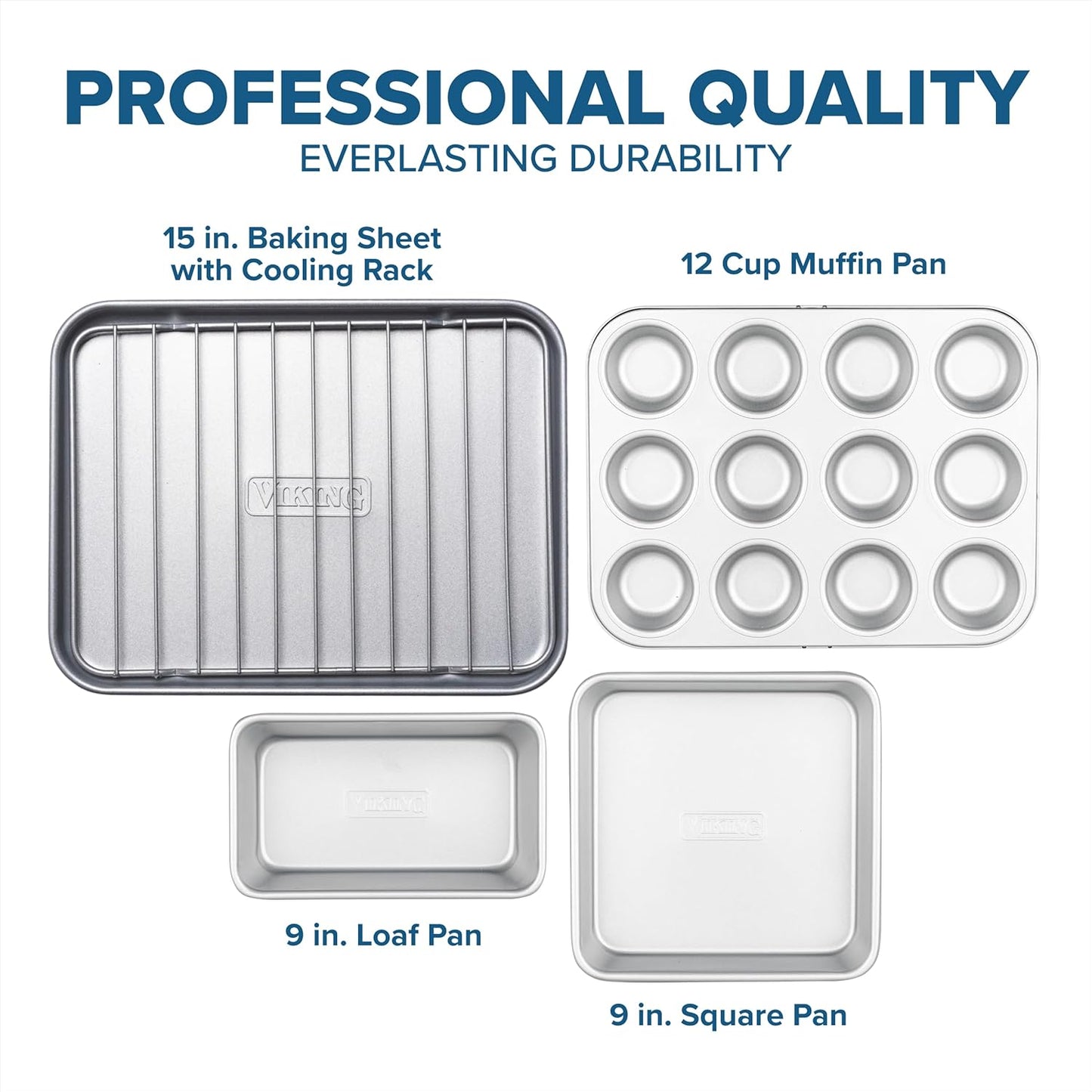 Viking Premium Nonstick Ceramic Baking Pans Set - 5-Piece Heavy Gauge Bakeware | Oven Safe to 475°F, Silver