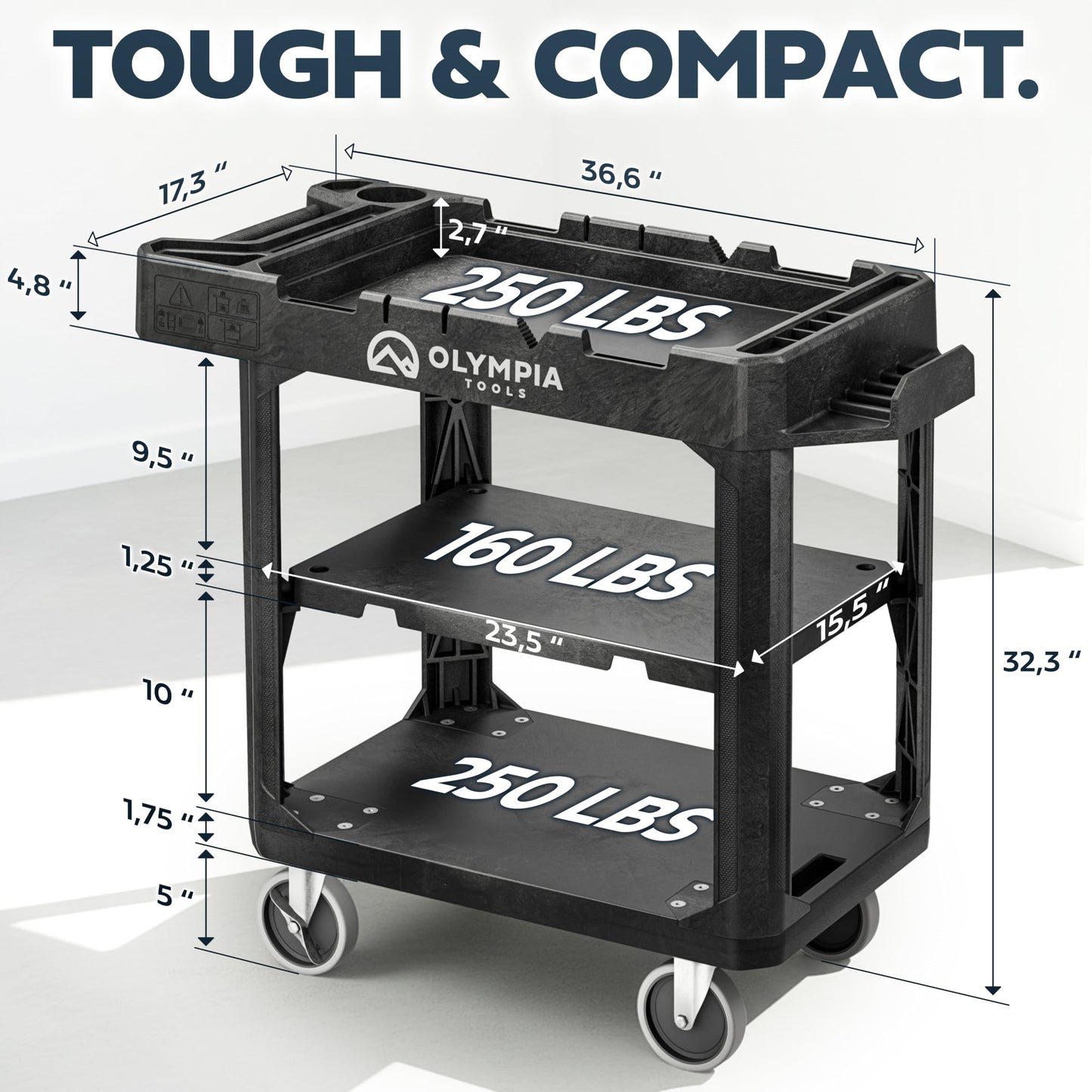 Olympia Tools Heavy Duty Utility Work Cart | 2 in 1 Convertible 3 Shelf to Flat Top Workstation | 660 lb Capacity, HDPE Frame, Ladder Hook, 4 Swivel Wheels | Tool Carts for Garage & Maintenance