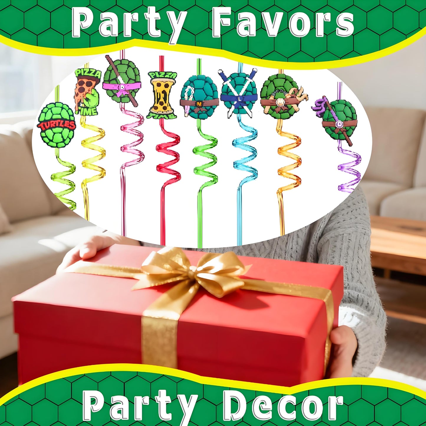 Reusable Ninja Green Turtles Themed Party Straws - 24 PCS Plastic Turtles Drinking Straws for Kids Birthday Party Decorations - Party Favors- Party Supplies with 2 Clean Brushes LEDUO