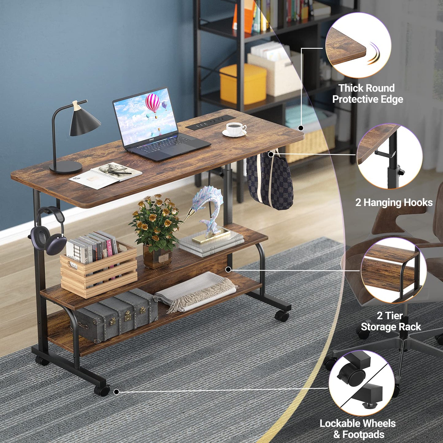 Armocity Rolling Standing Desk with Charging Station, Portable Height Adjustable Mobile Computer Desk with Wheels & 2-Tier Shelves & Hooks, Easy Assembly Laptop Table for Couch Bed, 39" Rustic Brown