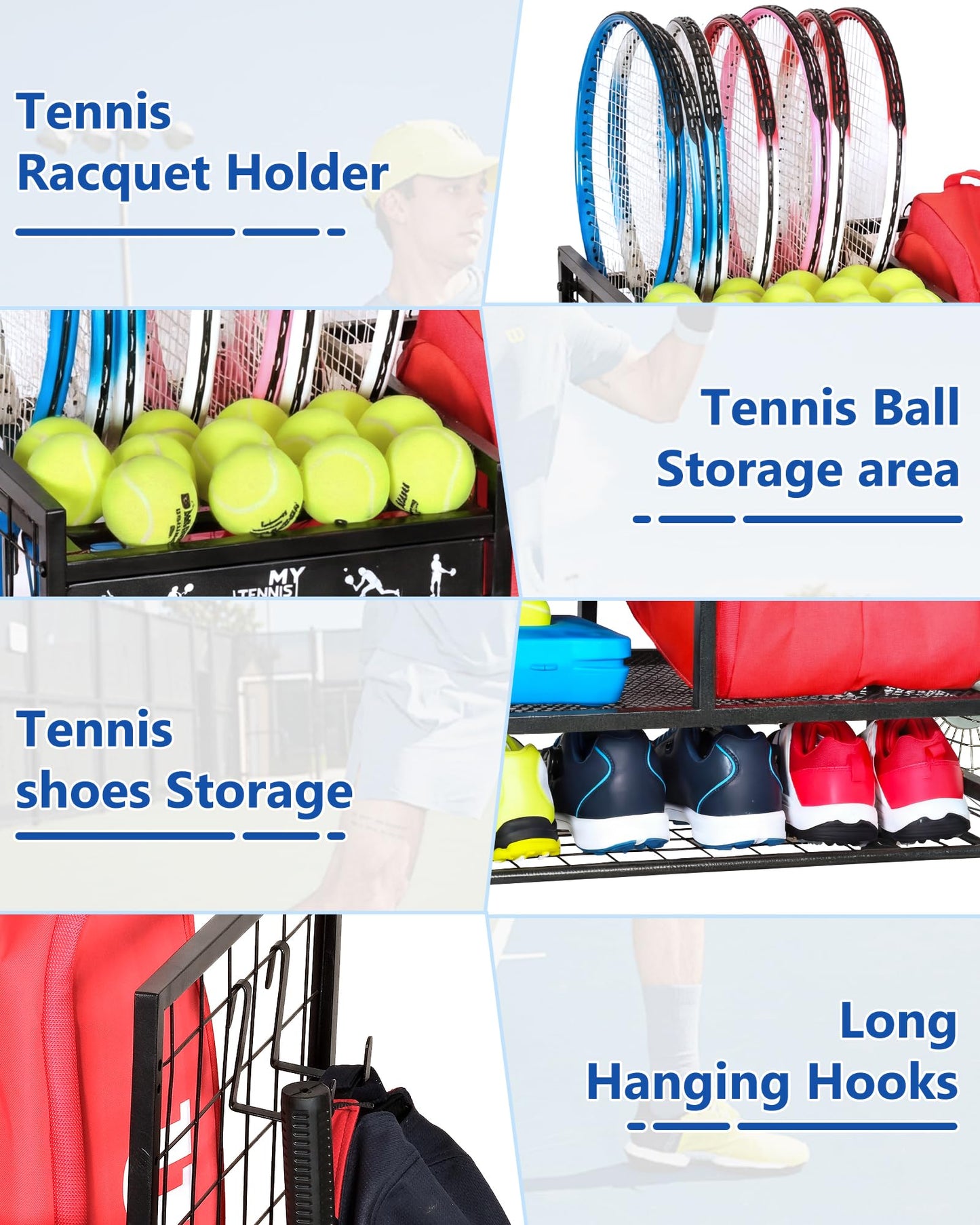 Mythinglogic Tennis Racket Rack, Rolling Storage Rack with Lockable Wheels, Large Capacity Tennis Equipment Storage Organizer for Garage, Club, School