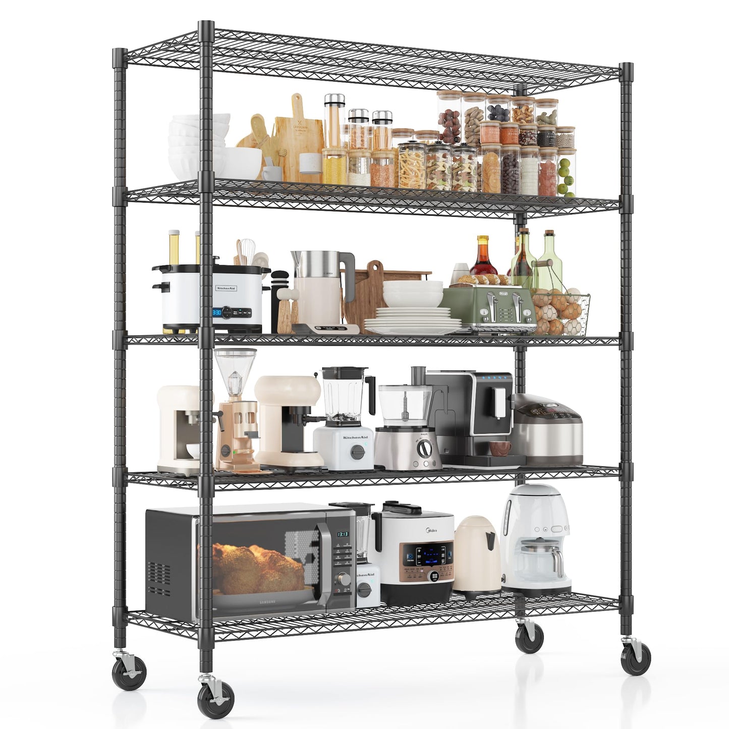 Homdox Heavy Duty Storage Shelves, 5 Tier Wire Shelving Unit with Wheels, Commercial Adjustable Metal Shelves for Storage, Garage Rack Pantry Shelves Kitchen Shelving, 18"x48"x82", Black