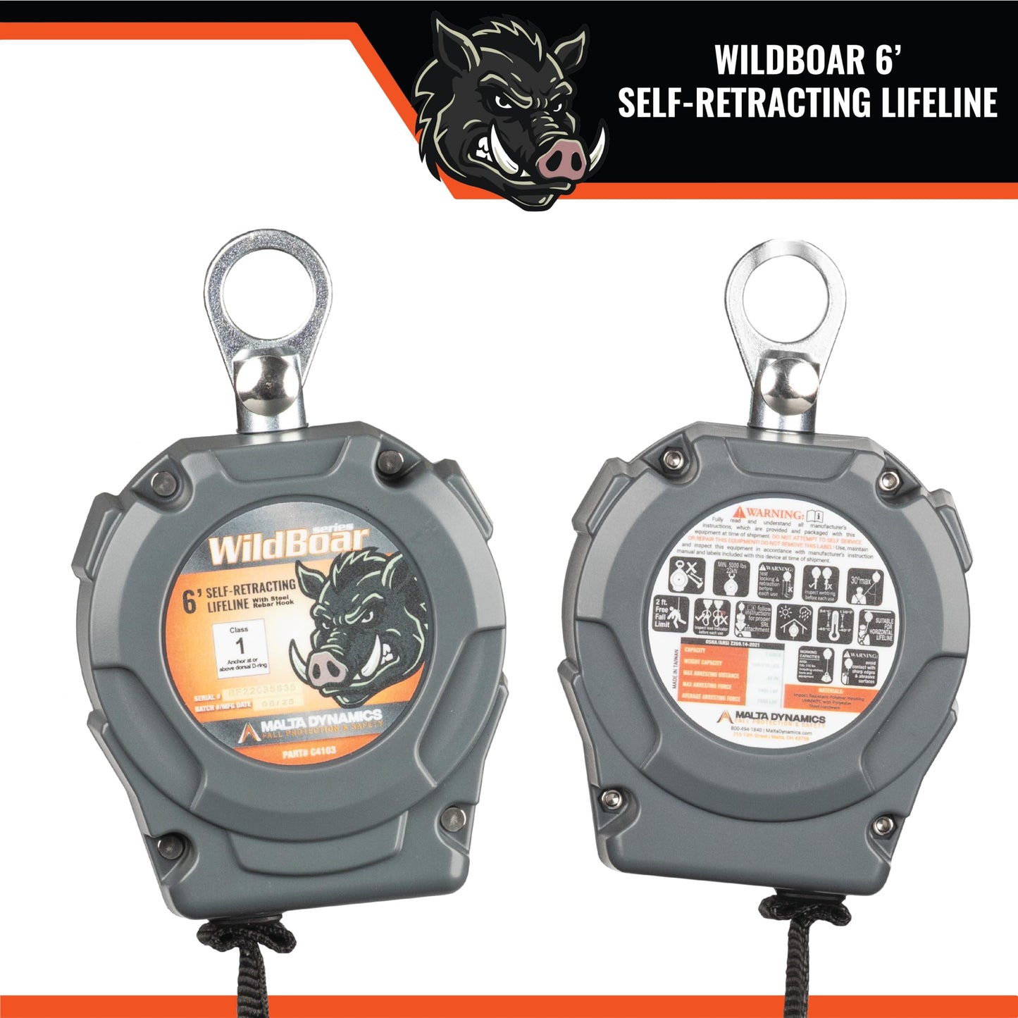 Malta Dynamics Wild Boar 6’ Dual Self Retracting Lifeline – SRL Fall Protection Lanyard with Steel Snap Hook for Construction Site Safety, OSHA and ANSI Compliant