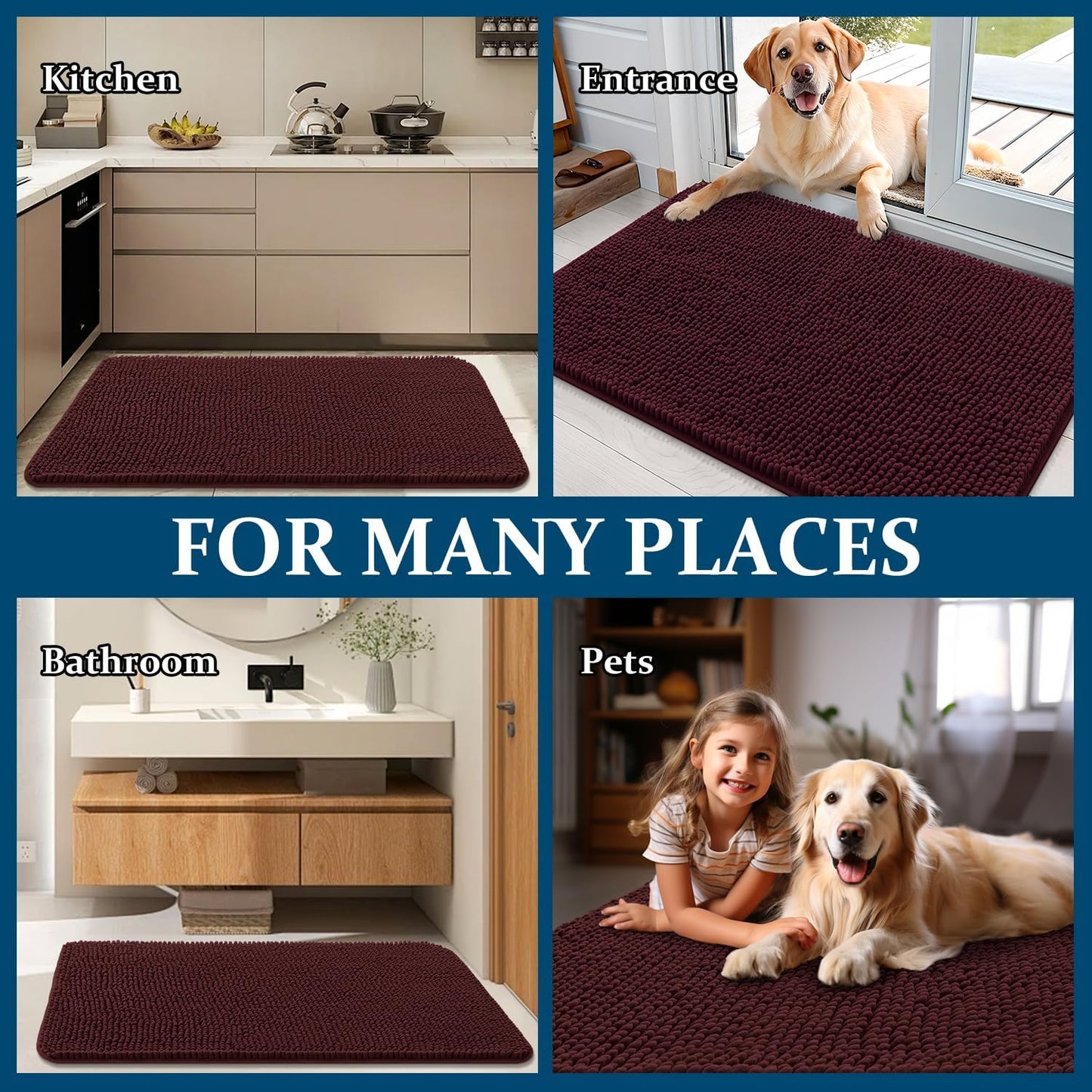 OLANLY Dog Door Mat - Absorbent Non-Slip Chenille Mat for Muddy Paws | 44x24 Inches, Quick Dry, Russet