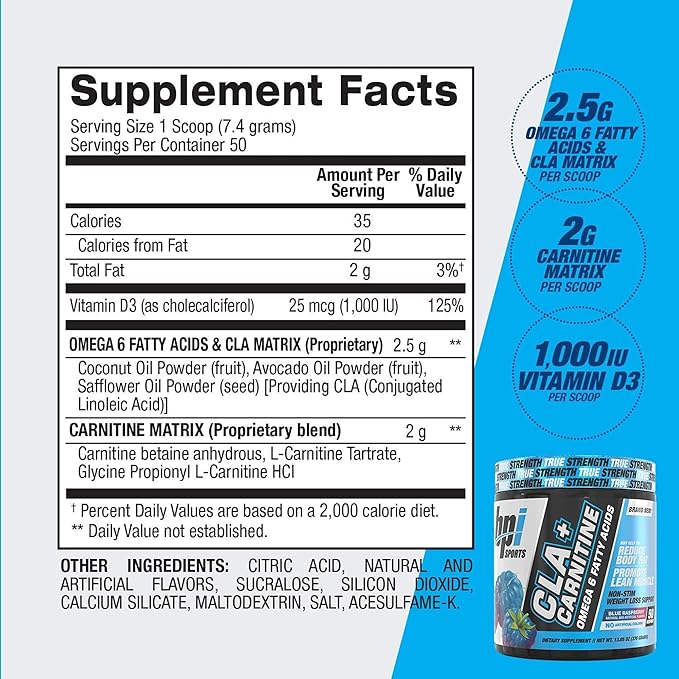 BPI Sports CLA+Carnitine ??CLA L Carnitine & Linoleic Acid ??L Carnitine Supplement for Weight Loss, Metabolism & Lean Muscle ??Caffeine Free ??Blue Raspberry ??50 Servings ??12.34 oz