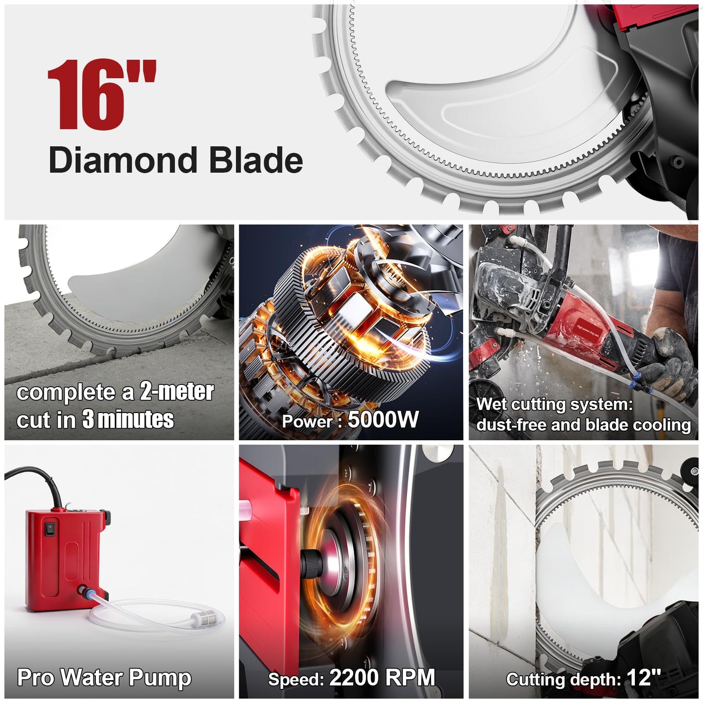 16" Ring Concrete Cutter Saw, Max Cutting Depth 12", 5000W Electric Concrete Saw with Thickened Titanium Alloy Diamond Blade & Wet Cutting System for Concrete, Bricks, Rebar