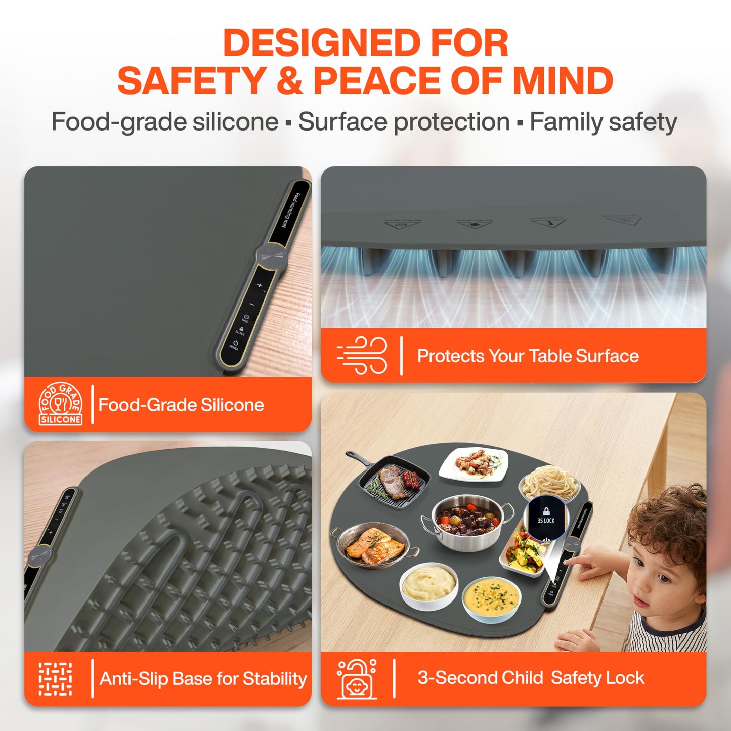 Round Food Warming Mat XXL 27.5''x27.5'' (Gray) - Electric Food Warming Tray with 9 Temp Levels - Silicone Food Warmers for Parties Buffet with Timer, Child Lock & Fast Heating