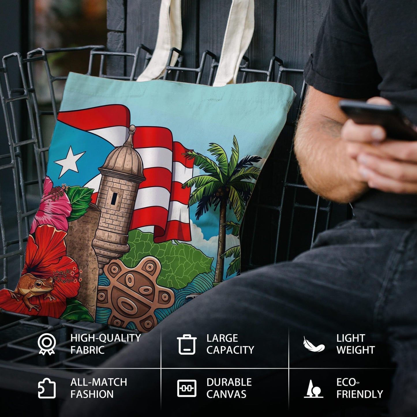 ATHAND Puerto Rico Flag Canvas Tote Bag with Zipper Inner Pocket,Puerto Rico Souvenirs,Reusable Shopping Beach Travel Tote Bag