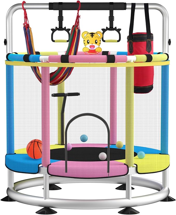 Trampoline for Kids, Adjustable Baby Toddler Trampoline with Basketball Hoop, Round Bottom Indoor Outdoor Toddler with Enclosure