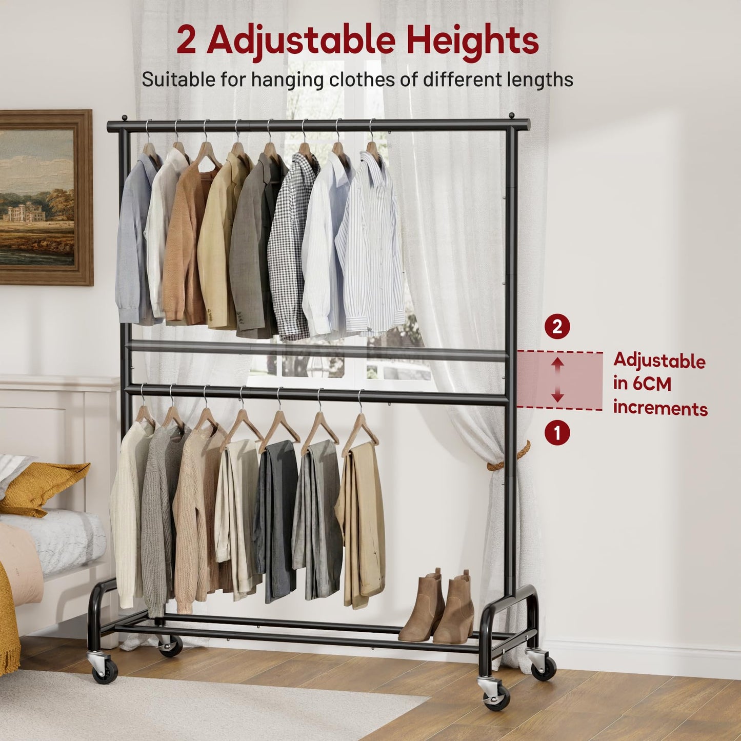 SLEEPING LAMB Heavy Duty Clothes Rack with Wheels, Metal Rolling Garment Rack for Hanging Coats, Shirts (Black)
