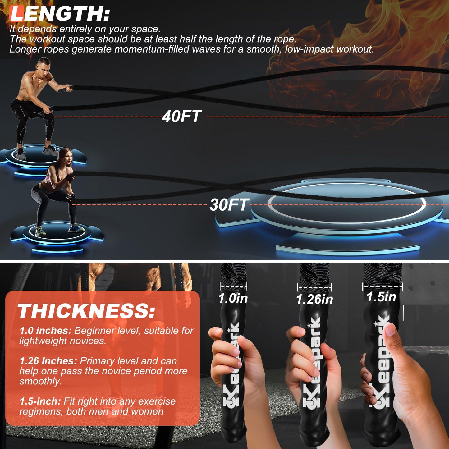 Battle Ropes for Home Gym 1 Inch Diameter 30FT Length Workout Rope Exercise Rope Training Ropes with Protective Sleeve for Kids Men Women Exercise Fitness & Strength Training