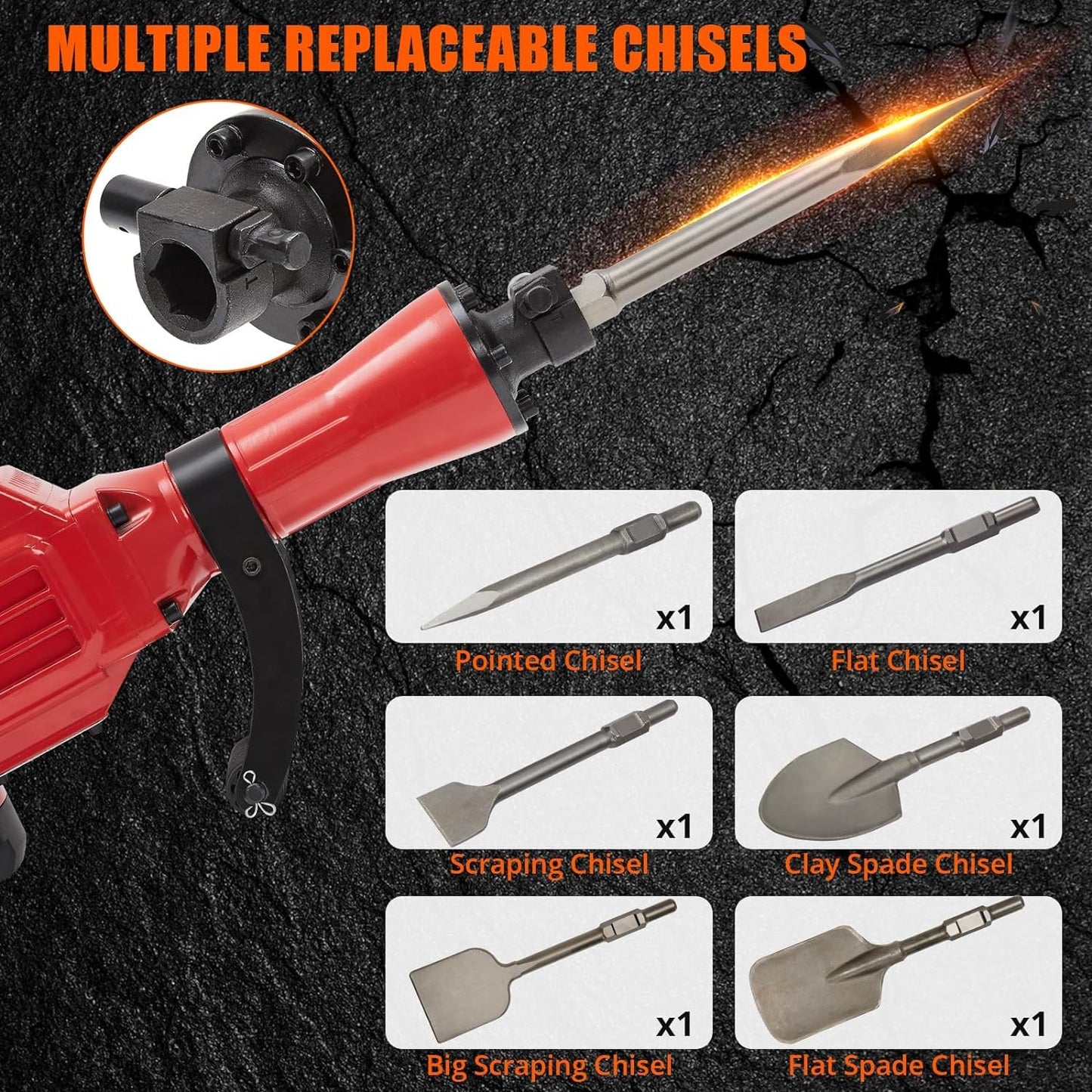 Demolition Jack Hammer 3600W 6PCS Chisels Bit Set W/Case, Jack Hammer Concrete Breaker Tool Kit, Noise-Canceling Earplug, Shoulder Strap