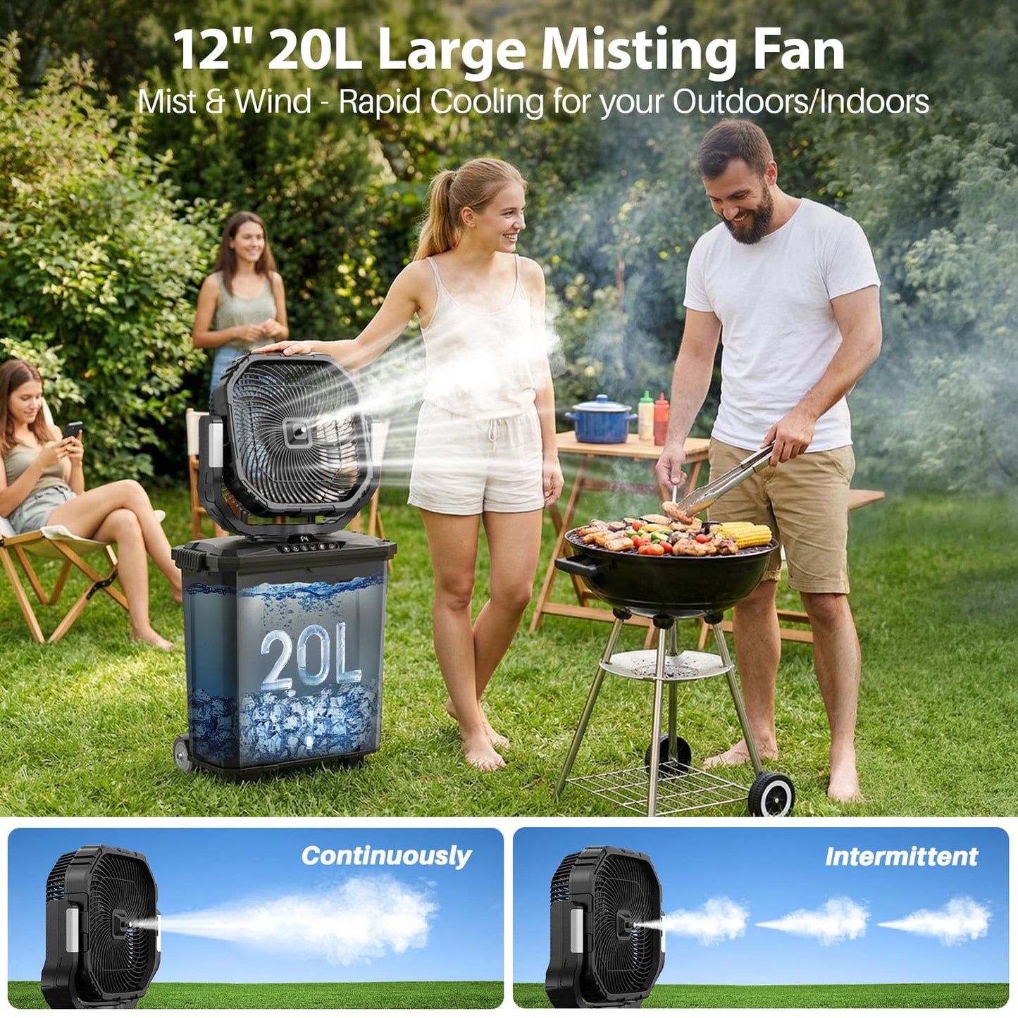 12" 20L Large Misting Fan Portable, 30000mAh Outdoor Oscillating Mist Fans for Outside Patios Cooling Fan, with Telescopic Handle & Rolling Wheel, LED Light, Timer, for Camping/Beach Summer Essentials