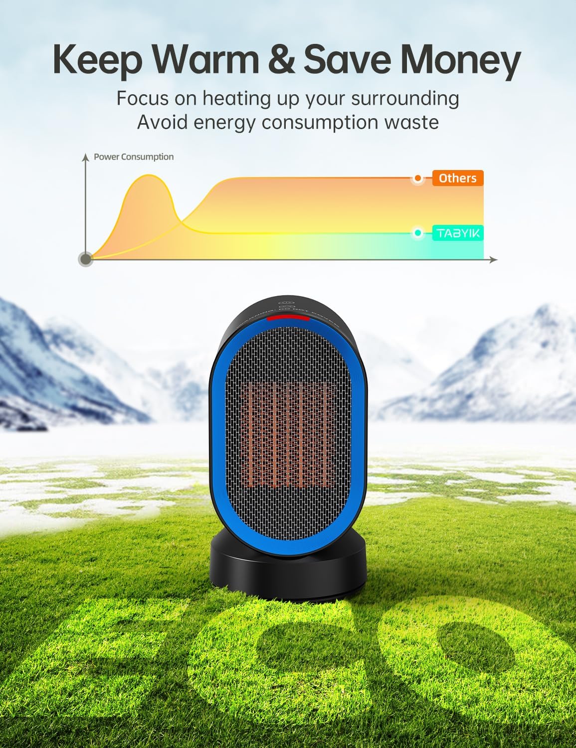 TABYIK Electric Space Heater - 45° Oscillating Portable Heater for Home & Office | Compact Black Design