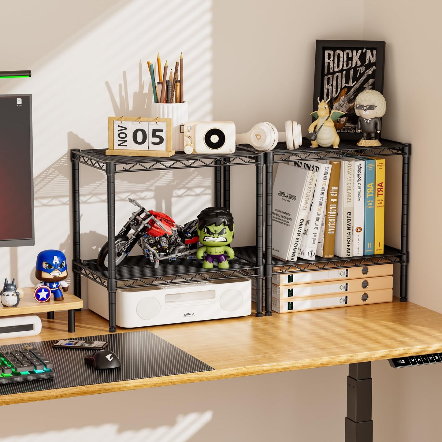 SINGAYE Bookshelf Shelves Bookcase Shelf: 2 Tier Small Shelving Unit Home Storage Organizer Wire Metal Adjustable Free Standing Display Shelf for Bedroom Living Room Office Pantry Black