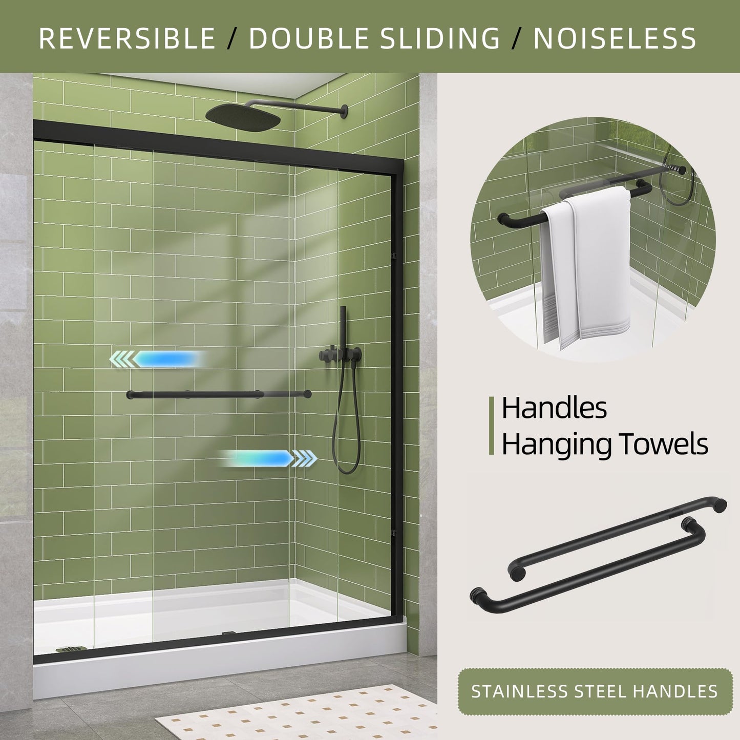 GETPRO Shower Door Double Sliding 57-60 in. W x 72 in. H Semi-Frameless Bypasss Bathroom Glass Shower Sliding Doors,1/4 inch Clear Tempered Glass Door for Walk-in Shower Matte Black