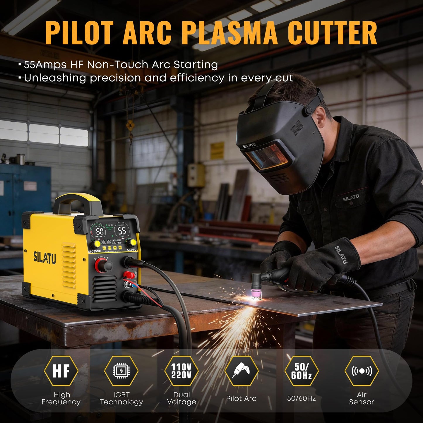 SILATU 55Amps Plasma Cutter, STC550P HF Non-Touch Pilot Arc Plasma Cutter Machine, 110/220V Dual Voltage LED Display Air Sensor Technology, 1/2'' Clean Cut 2/3'' Max Cut, PT/2T/4T for Beginners DIY