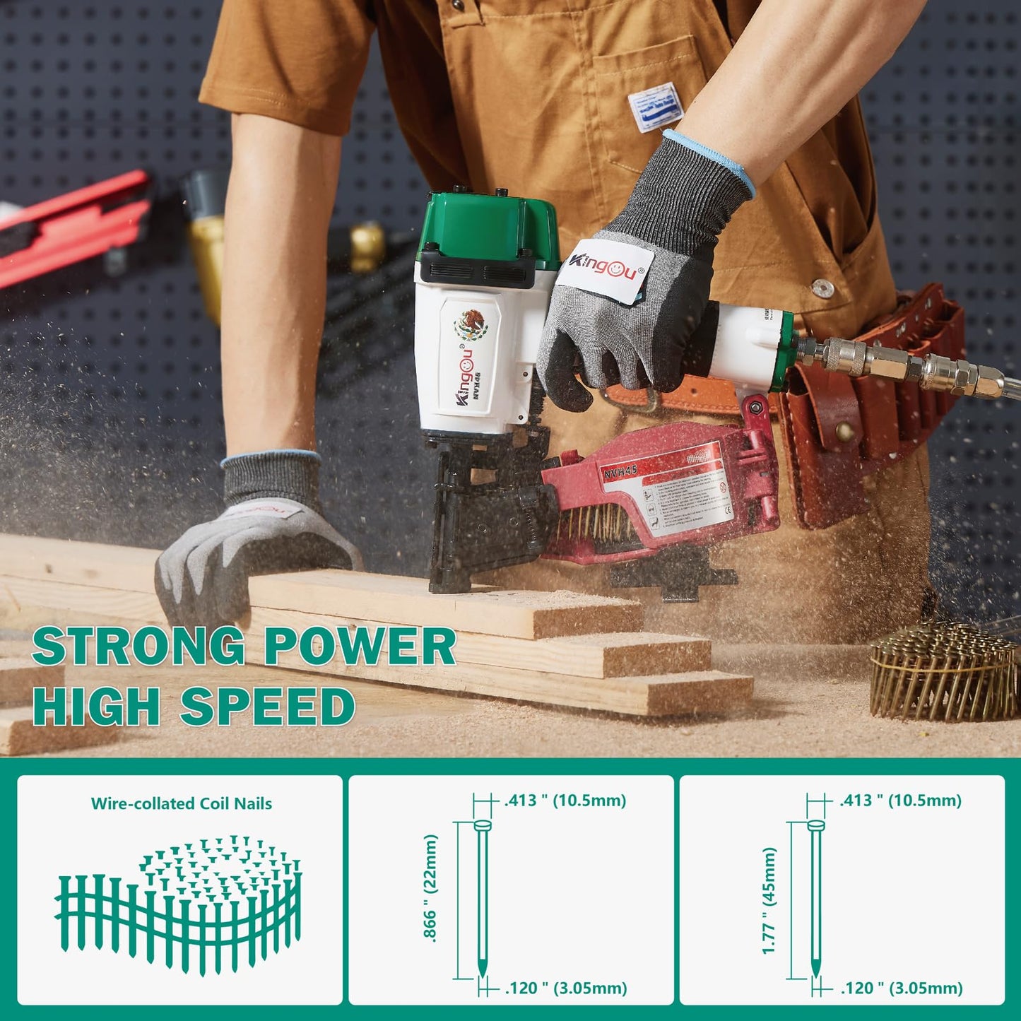 Kingou Mexican Style NVH45 Roofing Nail Gun For Roofing Constructions Accepts 7/8-Inch to 1-3/4-Inch Nails 15 Degree With 3/8 NPT Air Connector 120-pcs Load Capacity Roofing Nailer