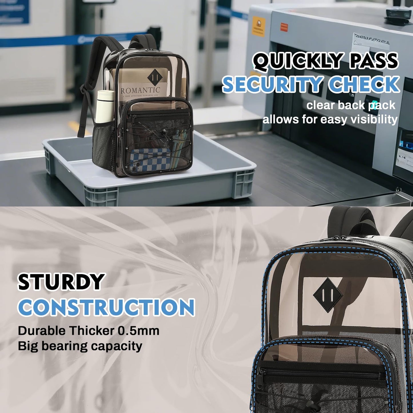 MUSEVOS Clear Backpack Heavy Duty for School, Large PVC See Through Backpacks for Stadium Events, Travel, Clear BookBag for Kids, Boys and Girls, Semi Black