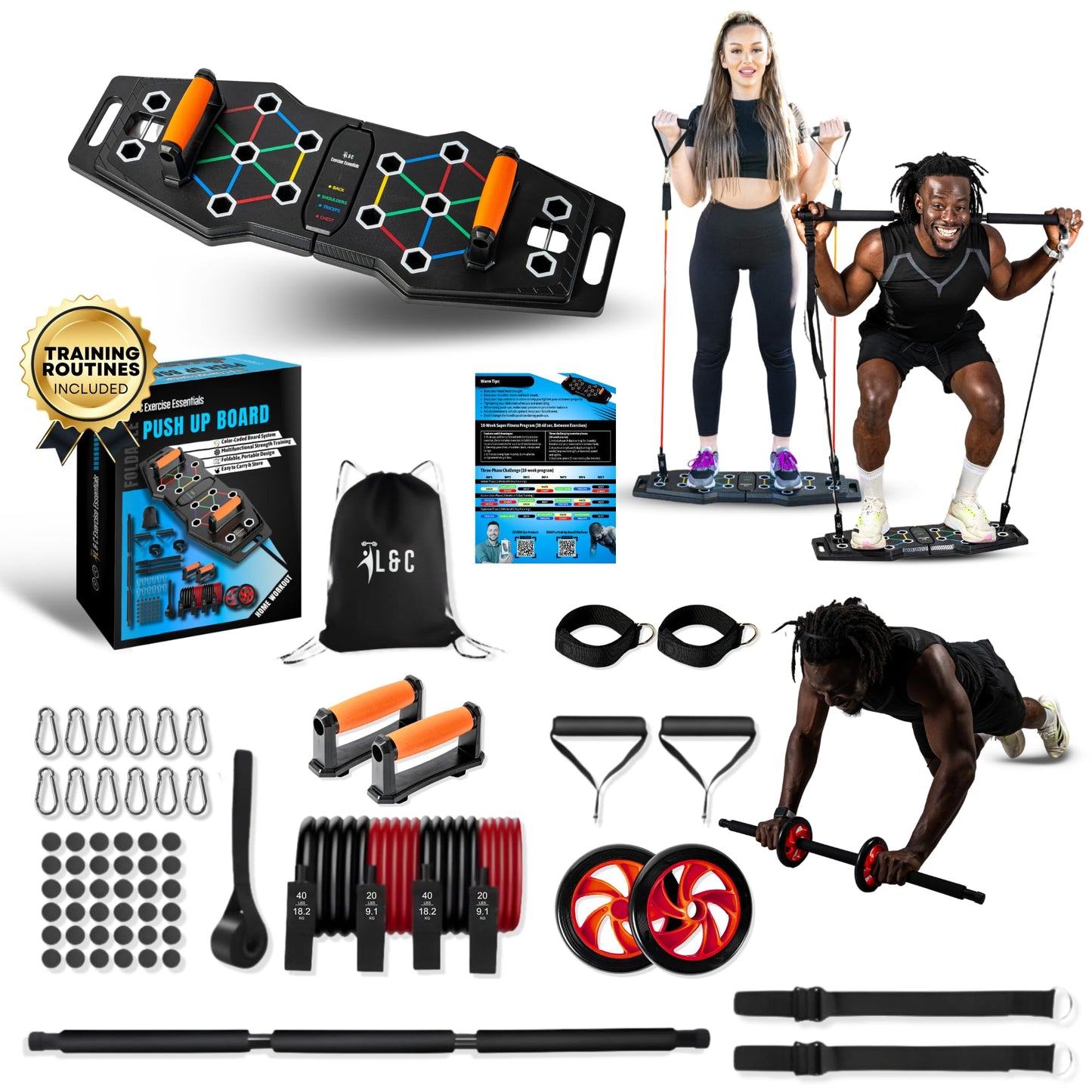 Push Up Board For Men, Push Up Board Home Gym - Portable, Joint Friendly, Fun & Motivating Home Workout Equipment with QR Code Guided Workouts - Ideal for Men, Women, Teens - L&C Exercise Essentials