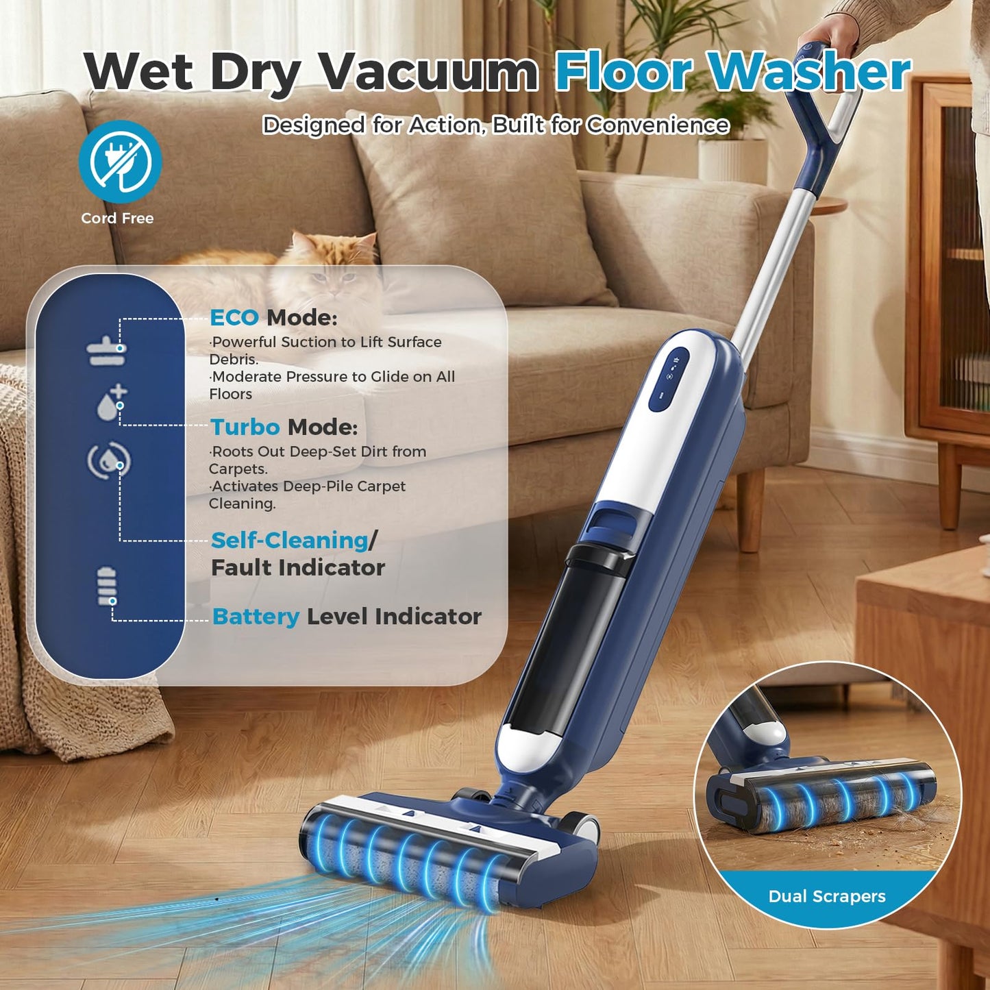 DUMOS Wet Dry Vacuum Mop, Cordless All-in-One Floor Cleaner with Auto Self-Cleaning, Dual-Edge Cleaning, Tangle-Free Brush & Dual Water Tank Design, 35-Min Runtime for Hard Sticky Messes & Pet Hair