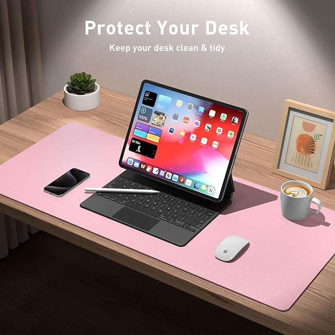 Aothia Leather Desk Pad Protector, Mouse Pad, Office Desk Mat, Non-Slip PU Leather Desk Blotter, Laptop Desk Pad, Waterproof Desk Writing Pad for Office and Home (23.6" x 13.7", Fairy Pink)