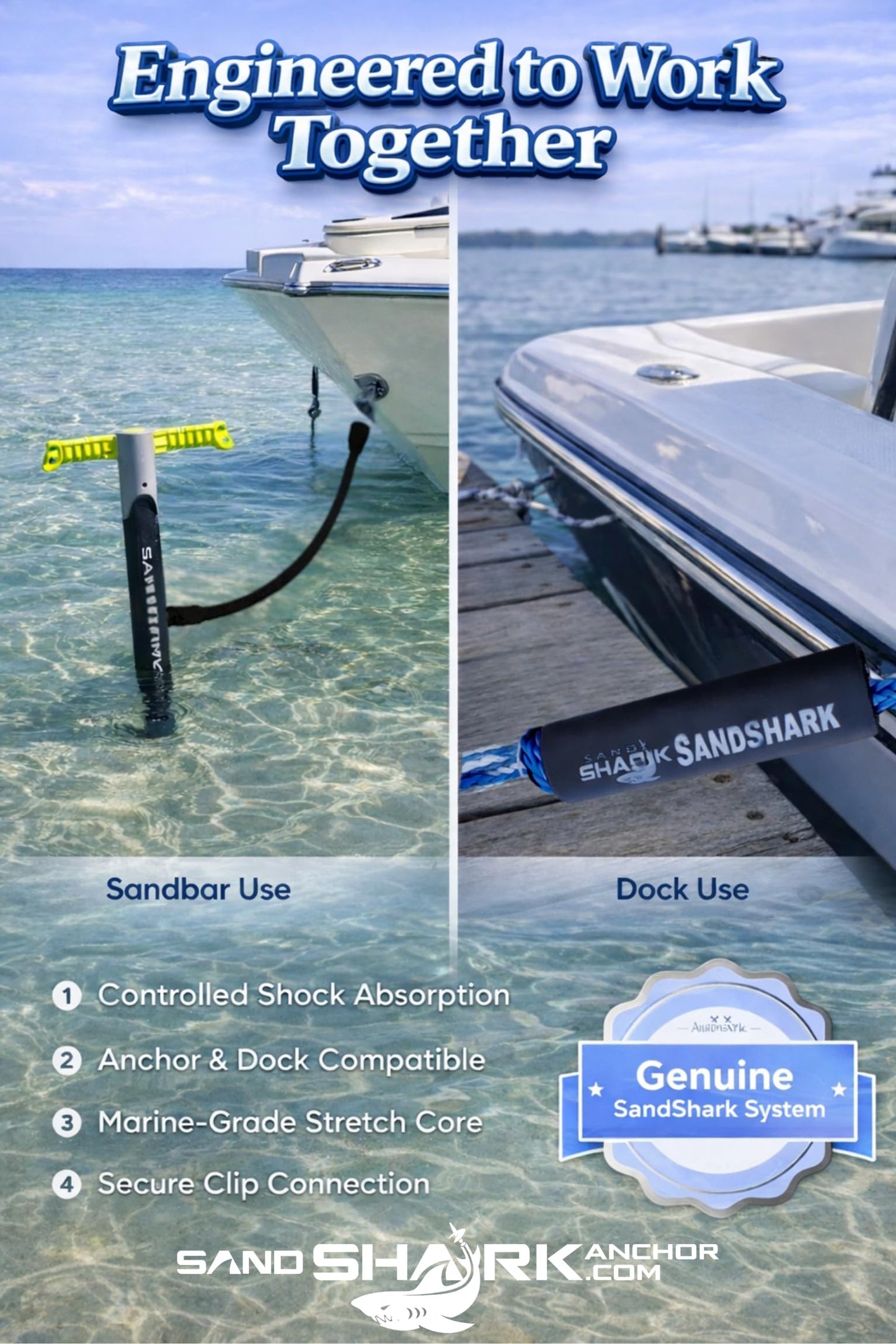 SandShark Premium Anchor Bungee Dock Line. Boat Accessories Anchor Line Absorbs Shock to Anchors and Docks w/Stainless Steel Clip - Blue - 7-14ft