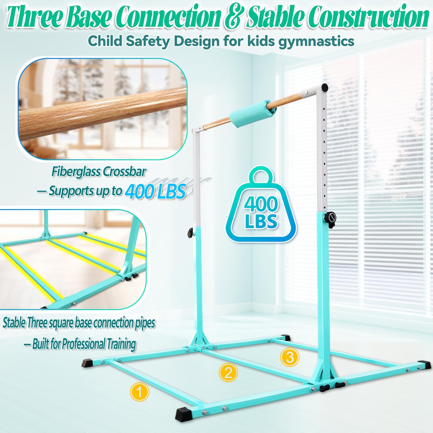 Seliyoo Foldable Gymnastics Bar for Kids Teens Ages 3-18, 5FT/6FT Kip Training Bar -Sturdy Base for Home Training,Adjustable Height 35" to 59" for, 400 LBS Capacity,Anti-Slip Base & Easy Assembly