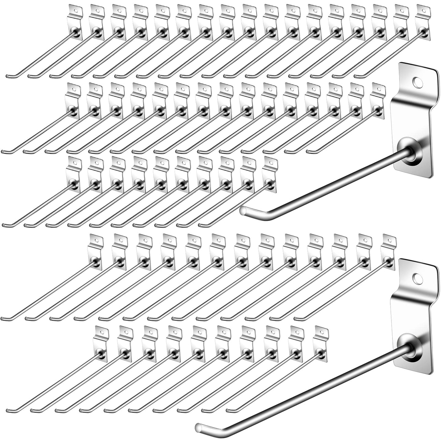 Moxweyeni 100 Pack Slatwall Hooks, 6 and 8 Inch Slatwall Accessories, Metal Panel Wall Hooks Pegs Hanging Hangers Thickness Slat Pegs for Garage Shop Retail Display(Silver)
