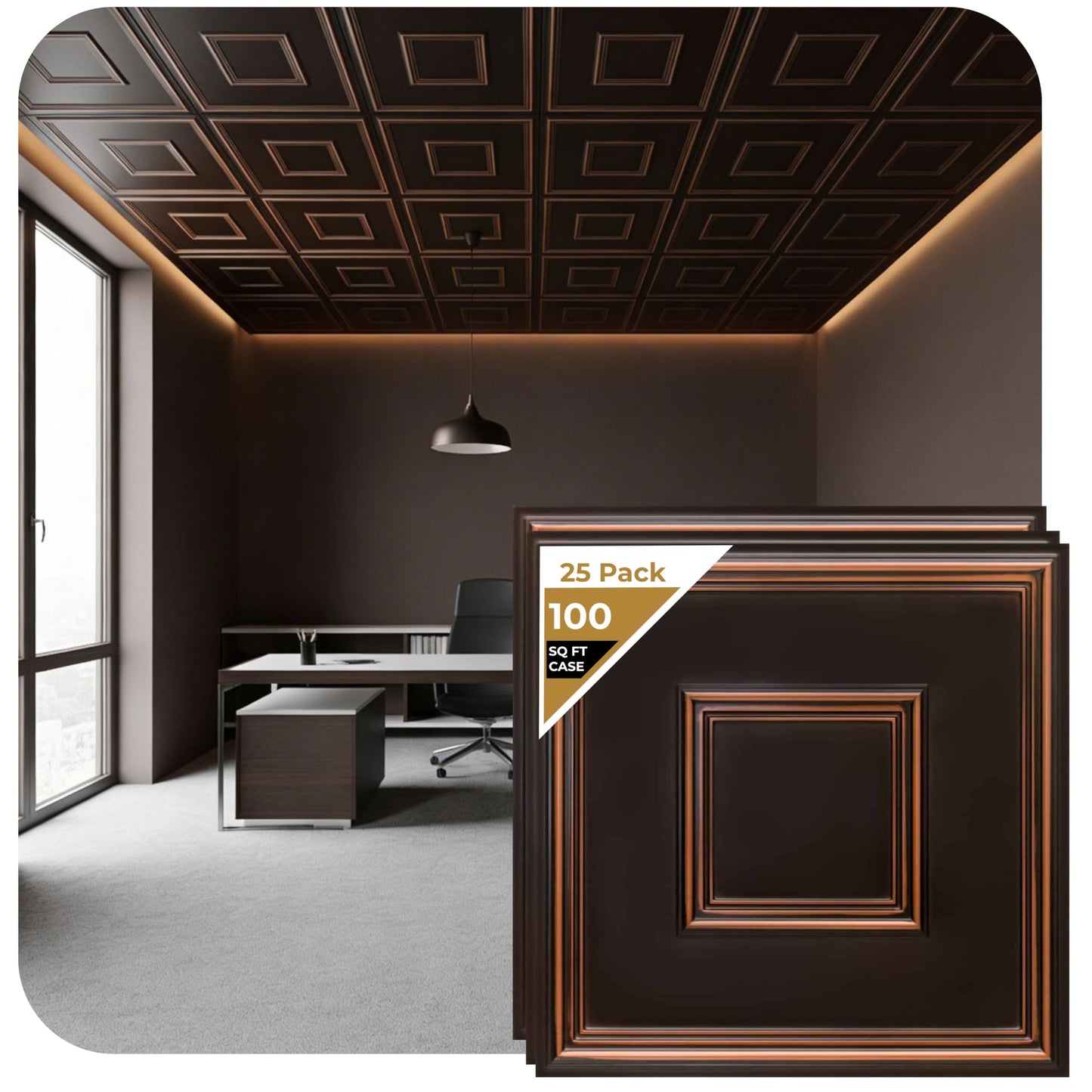 from Plain to Beautiful in Hours 208 Town Square PVC 2' x 2' Glue-up or Lay-in Ceiling Tile (Covers / 100 sq.ft), Antique Copper, 25 Piece