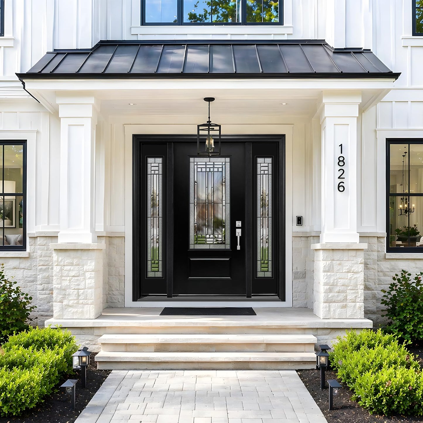 Fiberglass Front Door with Double Sidelights - 68" x 80", Single Exterior Entry Door with Decorative Glass and 14in Sidelights, Left Hand Inswing, Black Knock-Down Door, Brickmould and Jamb Included