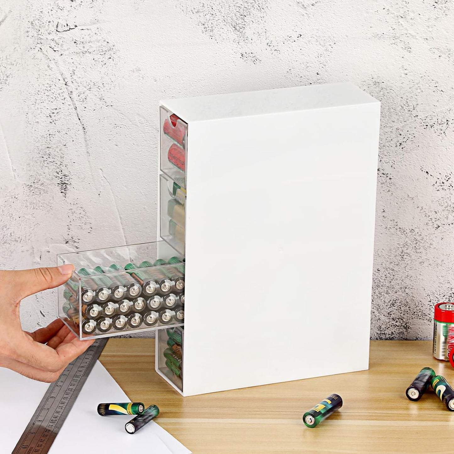 1 Pack 9V, 4-Drawer Common BTSKY White Acrylic Battery Storage Organizer for AA, AAA, C Batteries, Storage Box Battery
