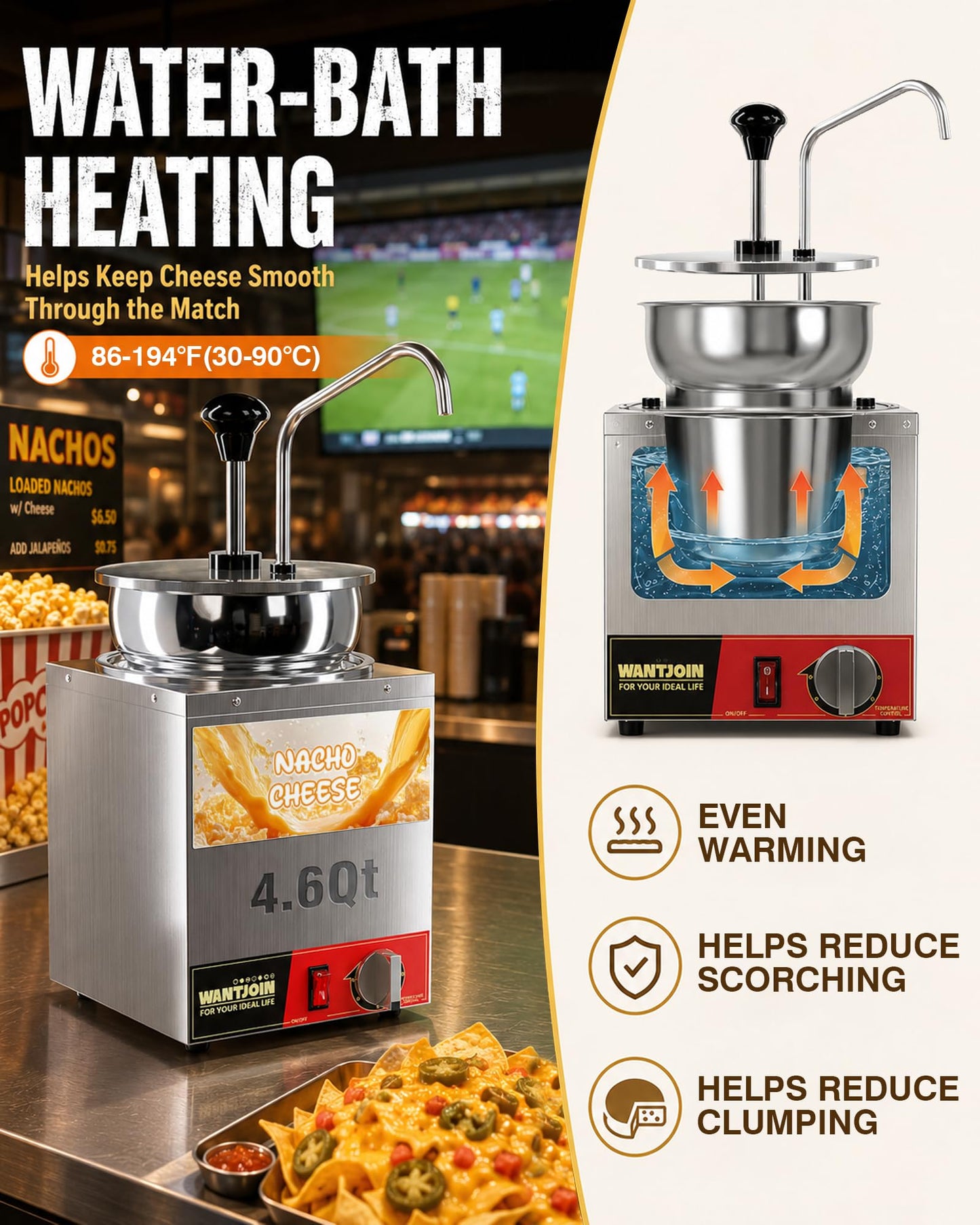 WantJoin Nacho Cheese Dispenser with Pump - 4.6QT Commercial Stainless Steel Warmer with 86-185°F Temperature Control for Hot Fudge, Caramel & Sauces