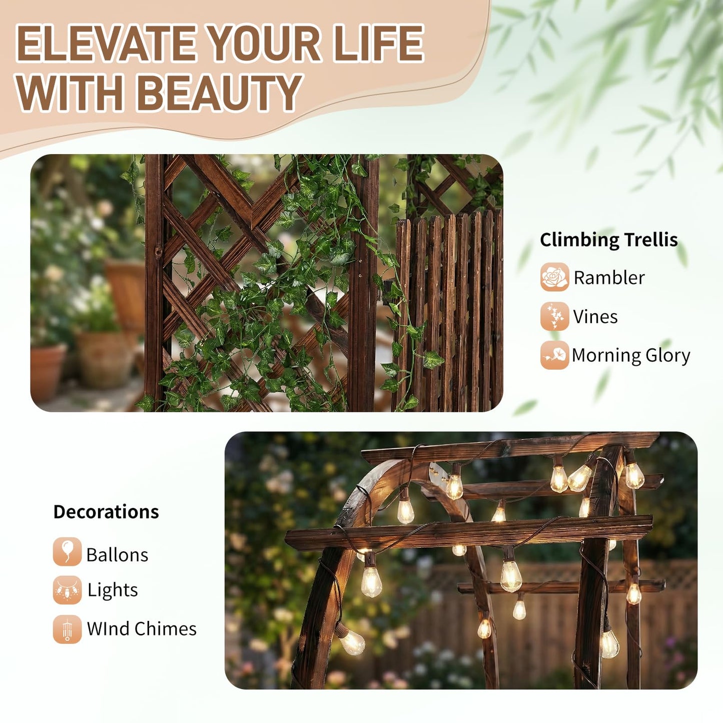 VINGLI Wooden Garden Arbor, Heavy Duty Outdoor Frame Trellis with Gate for Ceremony, Wood Trellis Garden Arch Pergola for Plant Climbing, Patio, Lawn, Wedding