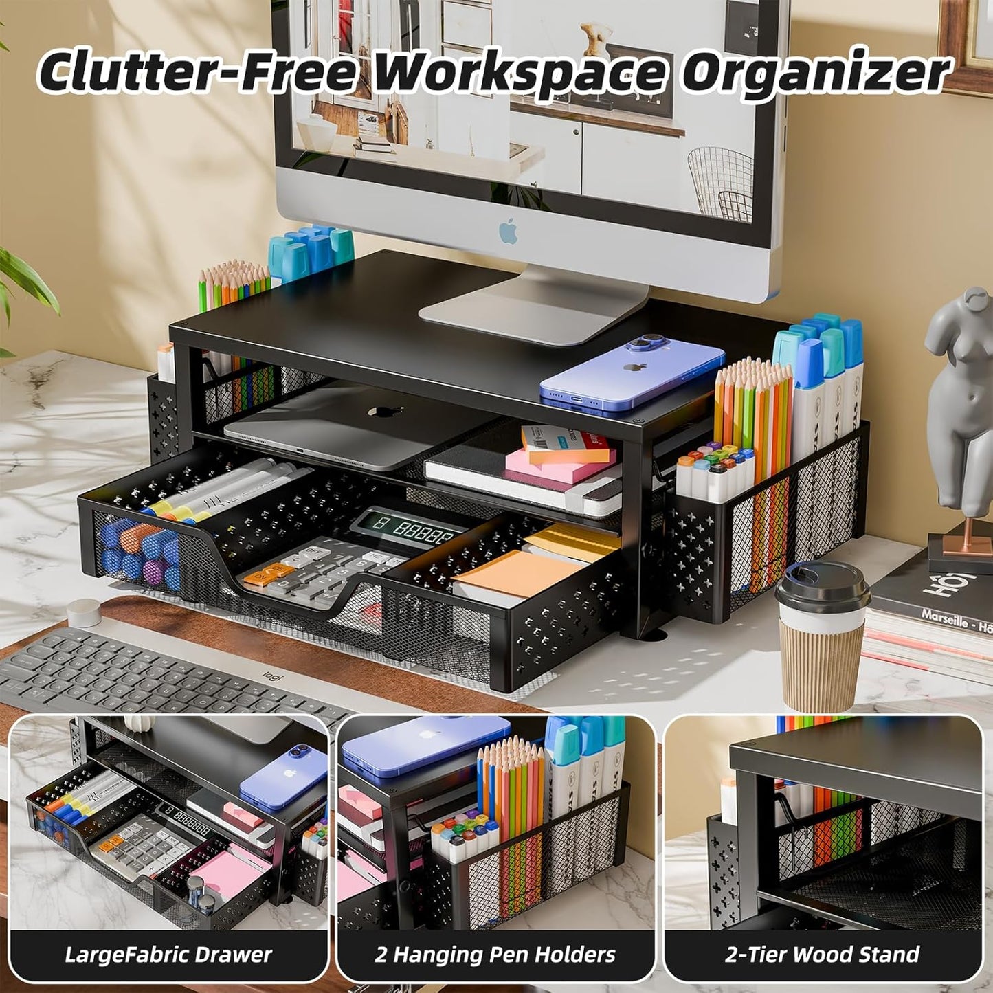 2-Tier 2 Simple Trending Desk Organizer and Accessories, Computer Monitor Stand Riser with Drawer and Pen Holders