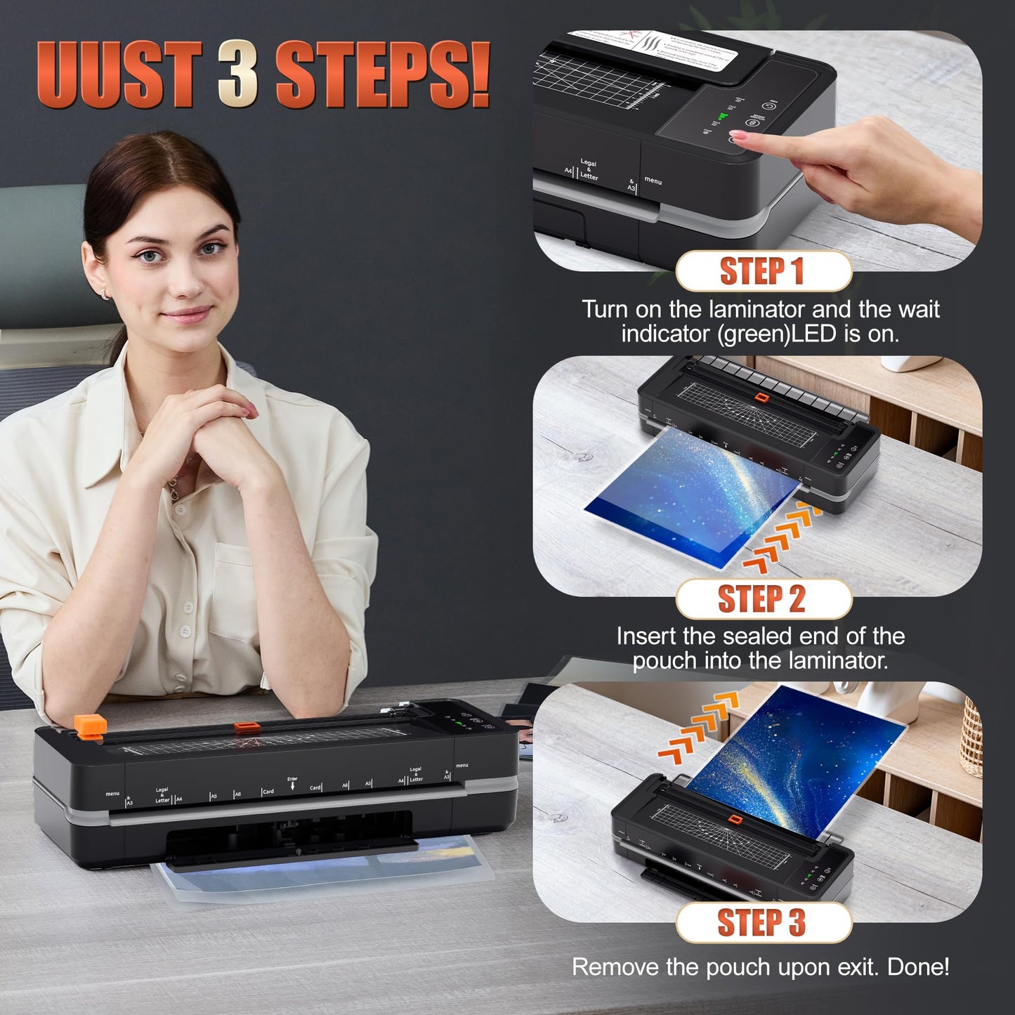 Commercial Laminator Machine 13 Inch 4-Roller, 55s Fast Warm-Up Never-Jam Lamination Machine, 3-10 Mil Thickness, Supports 11x17 & A3 Document Laminating, Includes 30 Laminating Sheets Black