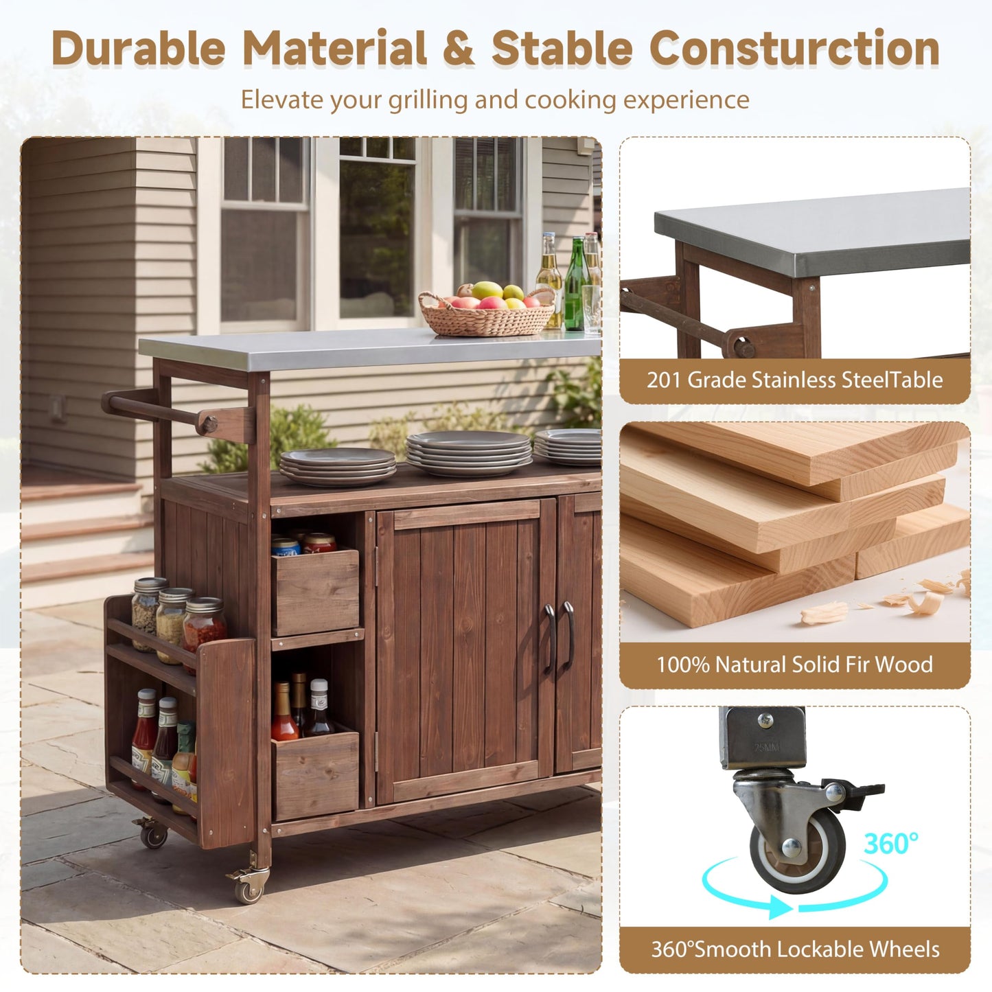 MEETFAV 54" Grill Cart with Stainless Steel Top, Spice Rack, Towel Rack, Lockable Wheels, Multi-Functional Outdoor Kitchen Island with Storage for BBQ, Patio & Kitchen, Brown